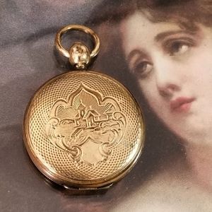 Antique Victorian Locket gold tone lake house scene 1800s vintage engraved